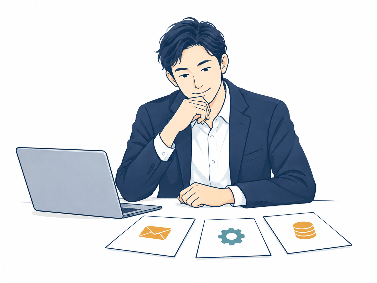 会社の悩みを資料で整理する経営者のイラスト